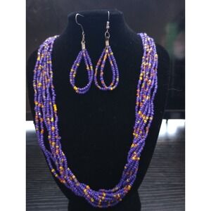 Handmade Purple Multi Strand Seed Bead Necklace & Teardrop Earrings Set Boho...